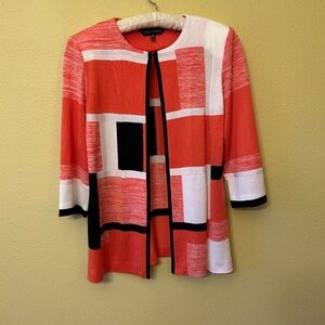 Ming Wang Women's Open Cardigan, Coral, White and Black, Size XS